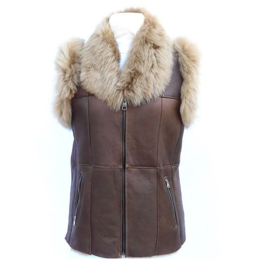 Womens Shearling Goat Fur Brown Leather Vest