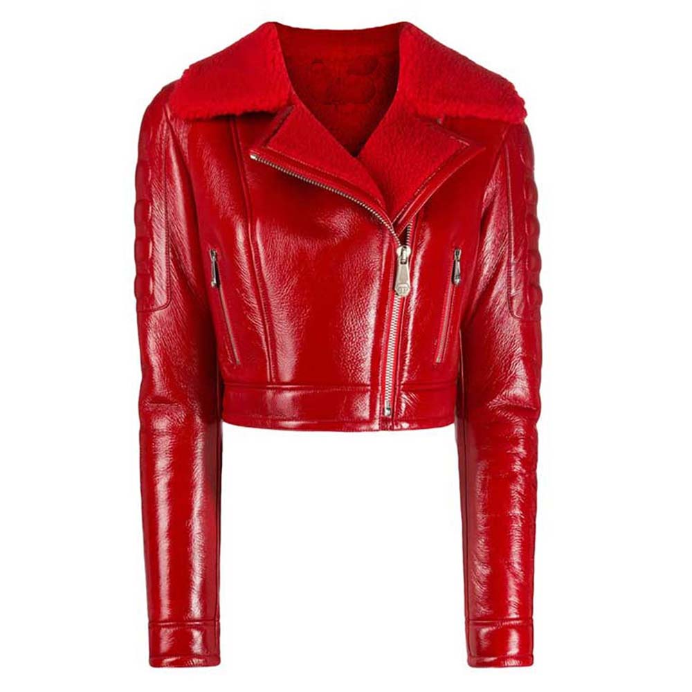 Womens Shearling Leather Jacket in Red