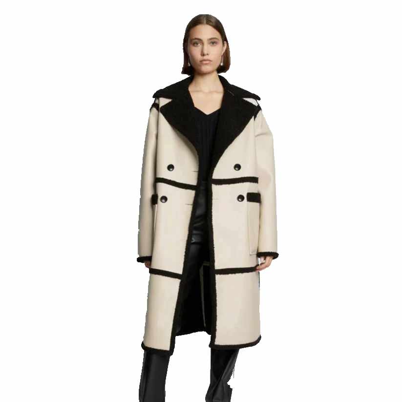 Womens Shearling Leather Trench Long Coat