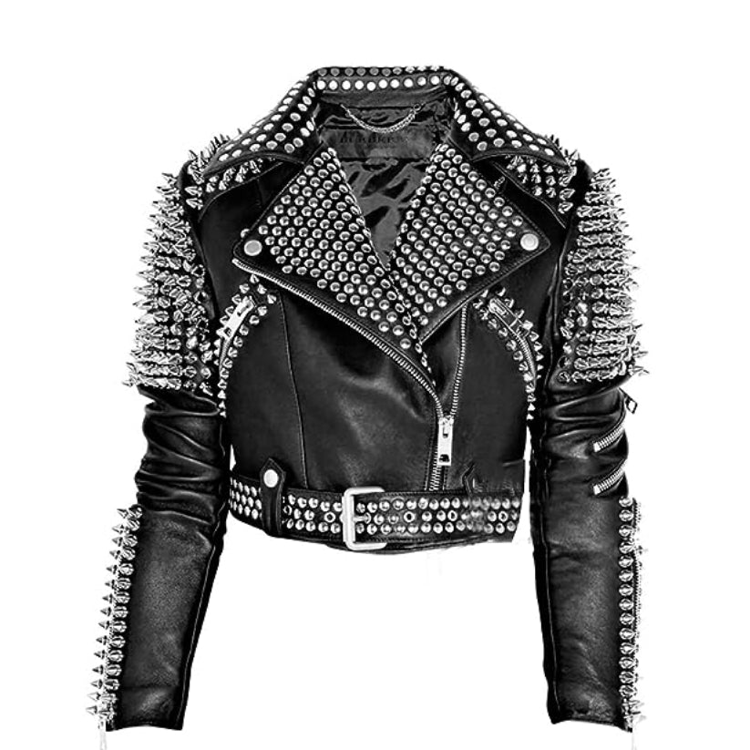 Womens Studded Fringe Biker Black Motorcycle Leather Jacket