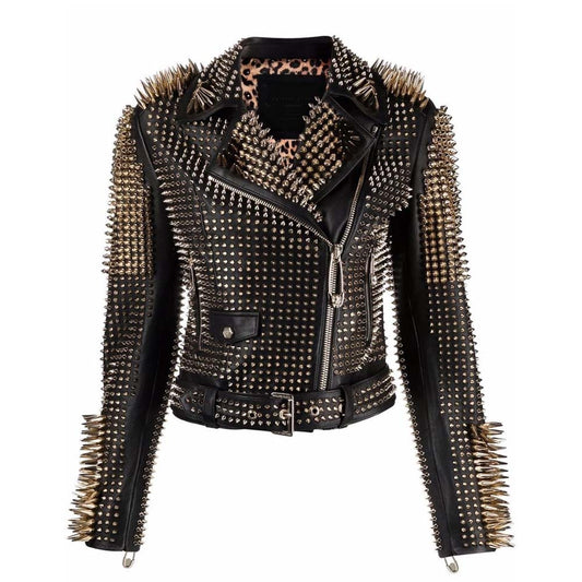 Womens Studded Leather Jacket in Brown