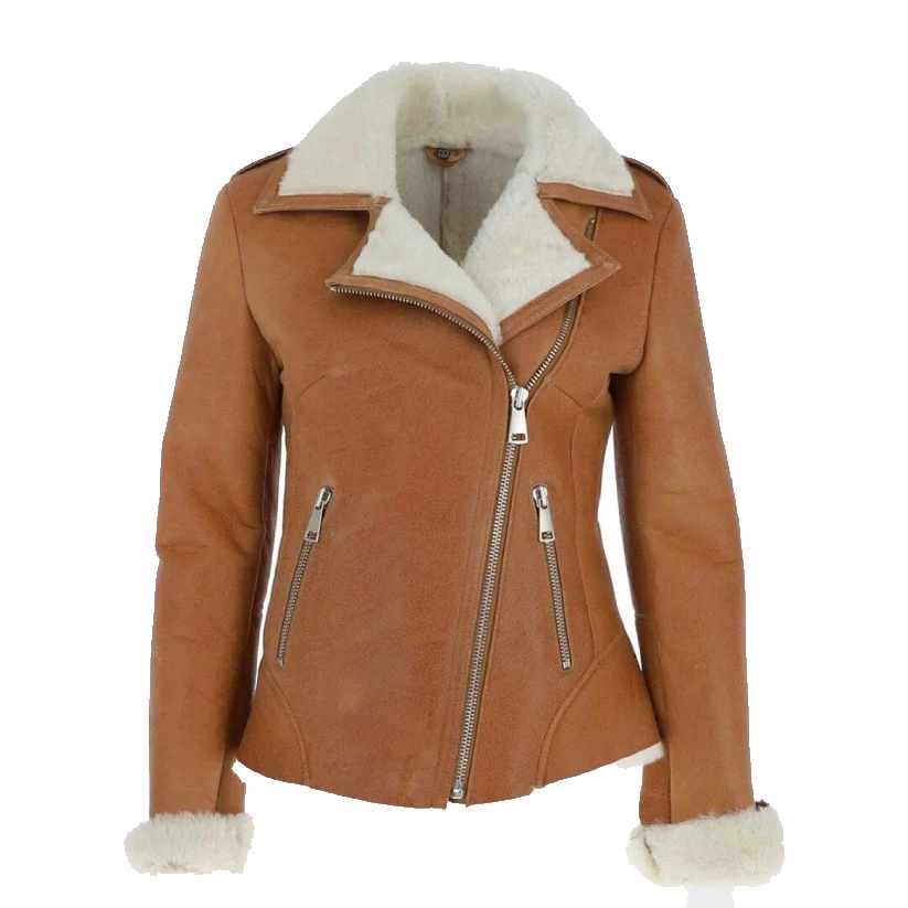 Womens Tan Brown Shearling Leather Jacket