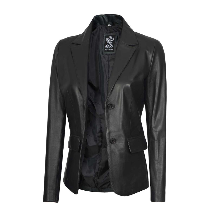 Womens Two-Button Real Lambskin Black Leather Blazer