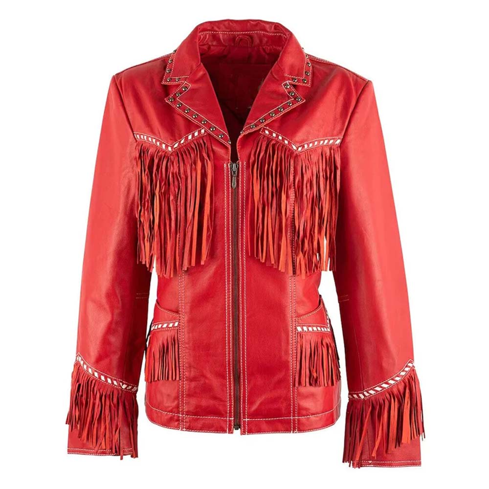Womens Western Red Leather Jacket with Studs