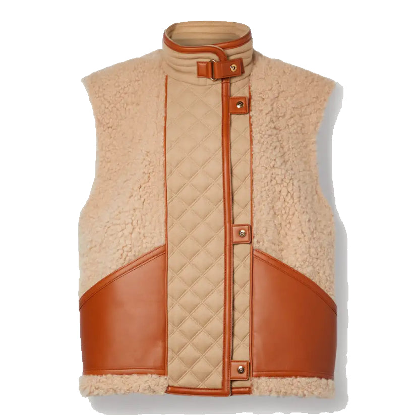 quilted leather trimmed shearling vest
