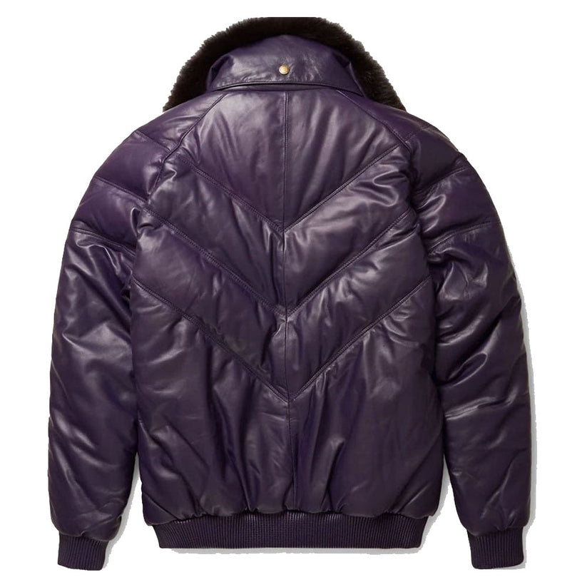 Men’s Stylish Purple V-Bomber Leather Jacket with Fur Collar