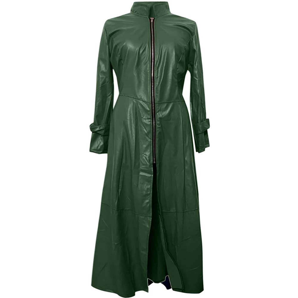 Army Green Long Trench Leather Coat For Women