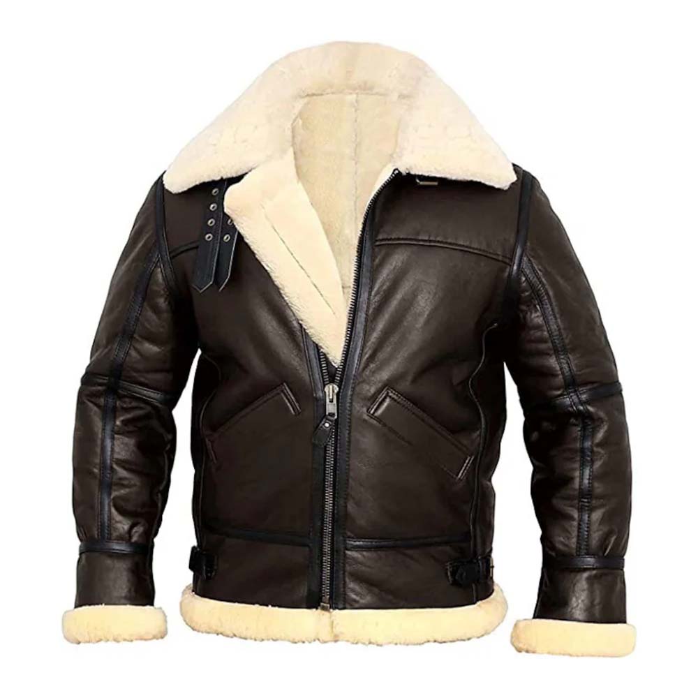 B3 Real Sheep Shearling  Brown Leather Bomber Jacket