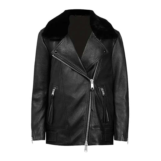 Black Collar Aviator Leather Jacket For Women