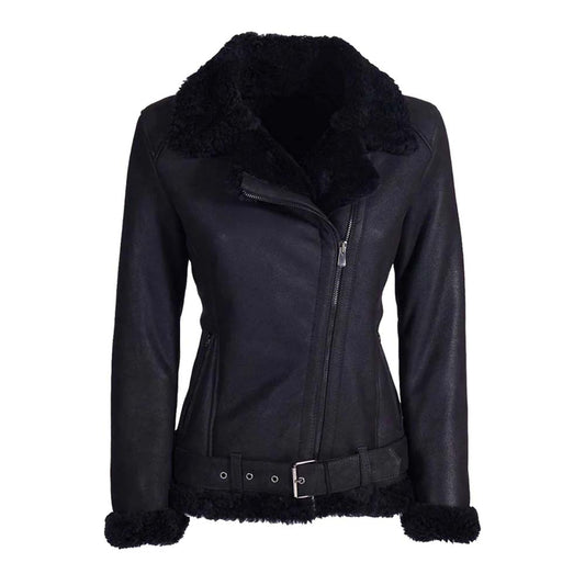 Black Shearling Leather Jacket For Women