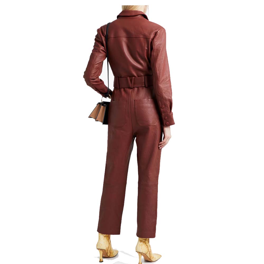 Brick Colour Leather Jumpsuit For Women