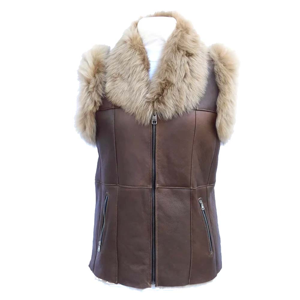 Brown Real Shearling Leather Vest For Women