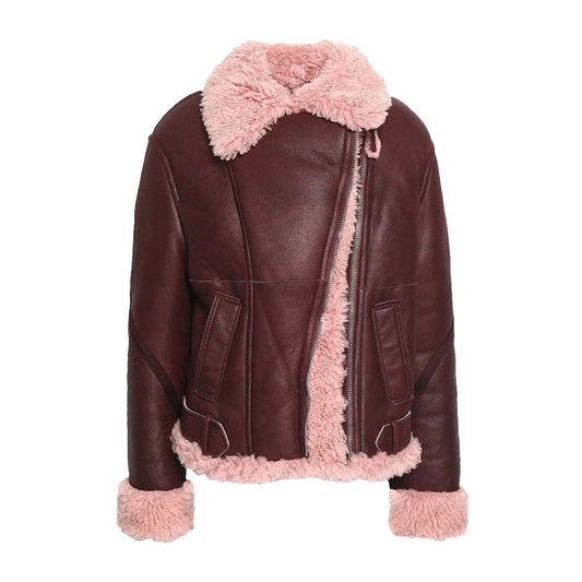 Burgundy Shearling Leather Fur Jacket For Women