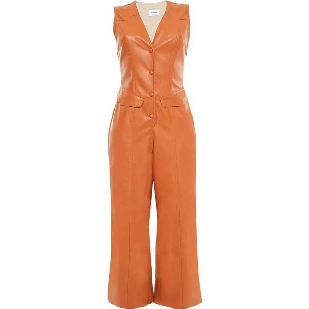 Camel Brown Leather Jumpsuit For Women