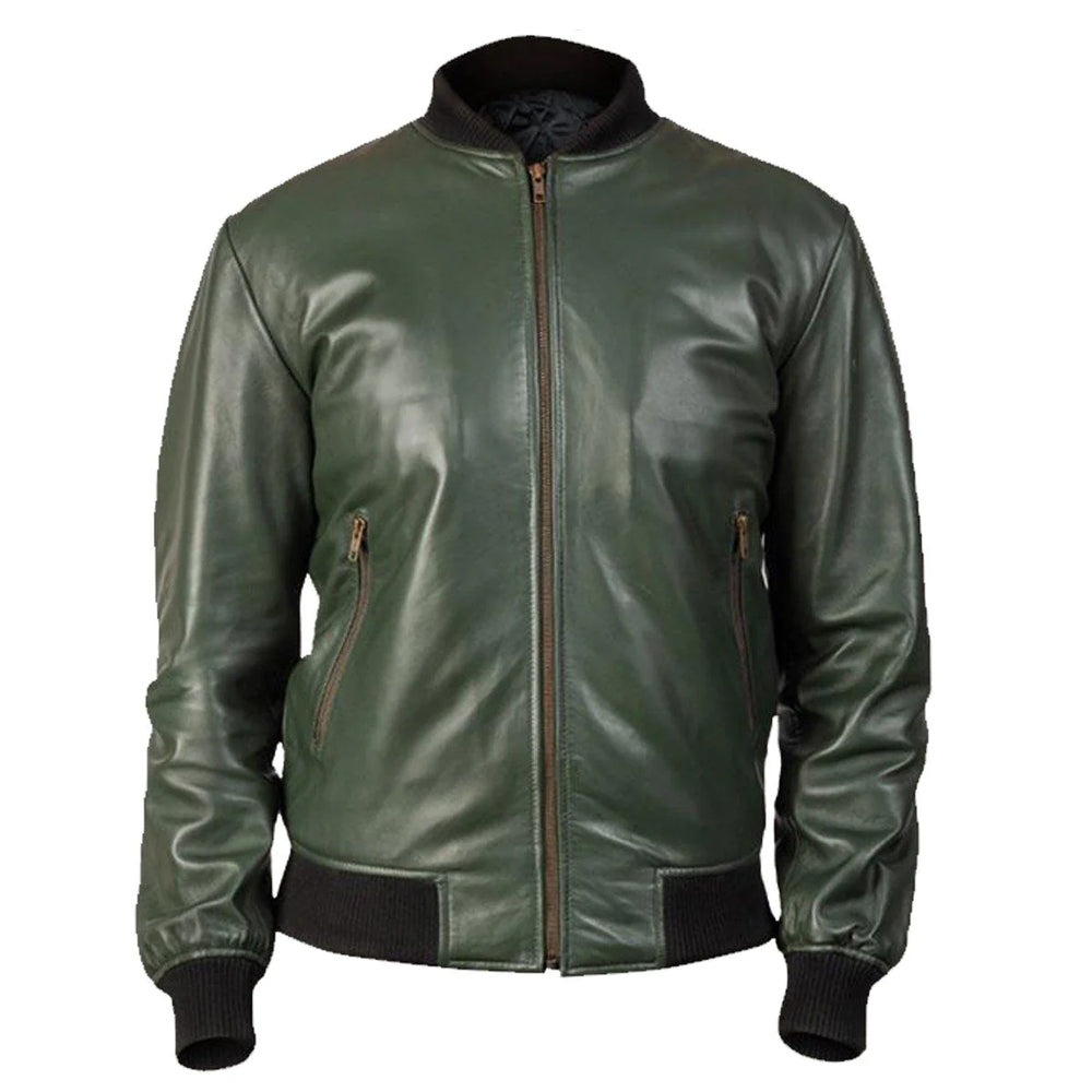 Men Glossy Green Bomber Jacket | Fashionable Leather Jackets