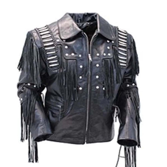 Mens Fashion Western Style Real Leather Motorcycle Jacket Black