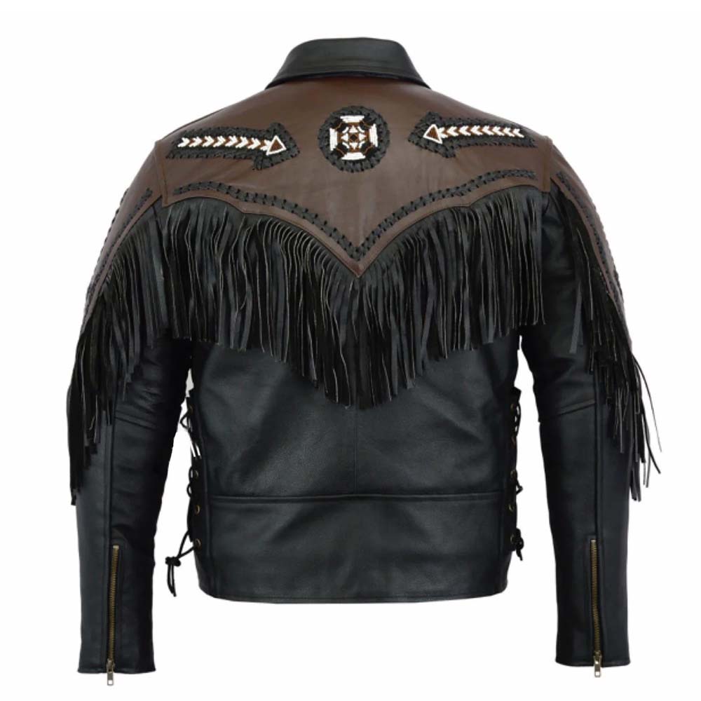 Mens Black Fashion Western Style Arrow Real Leather Jacket