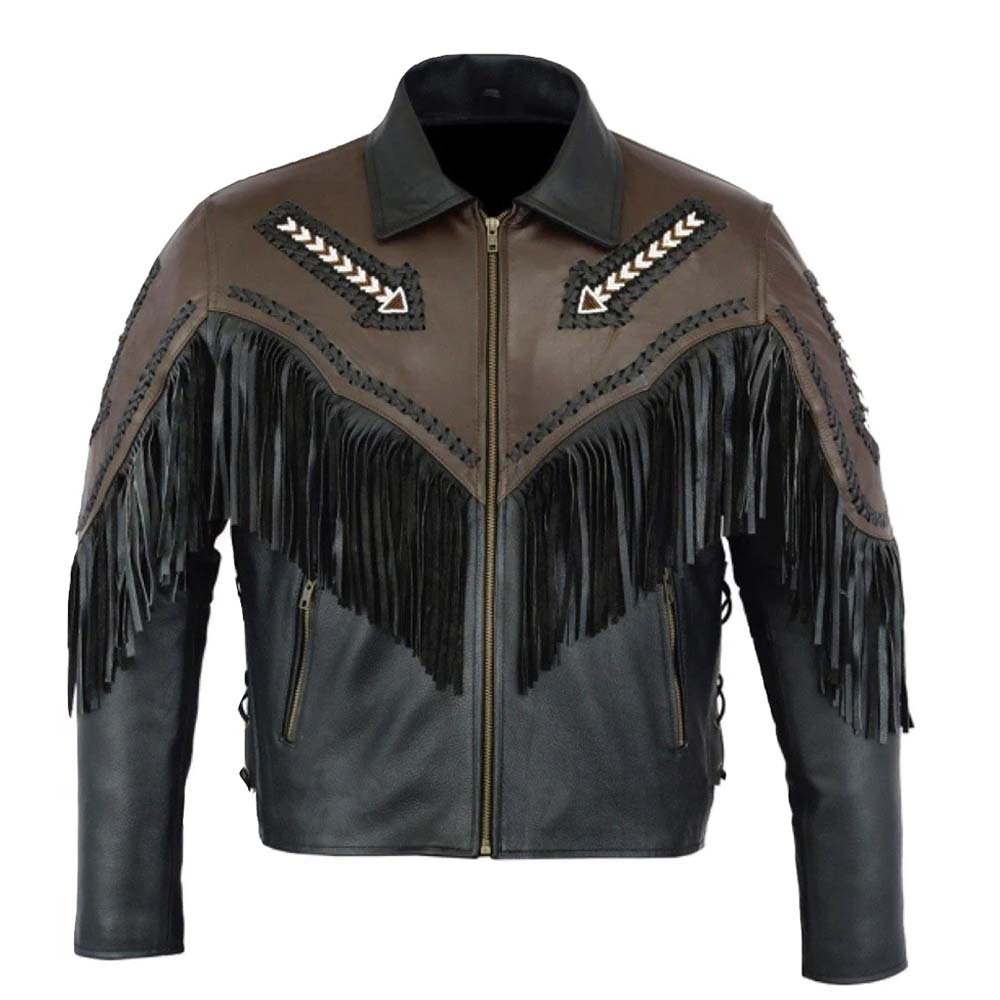 Mens Black Fashion Western Style Arrow Real Leather Jacket