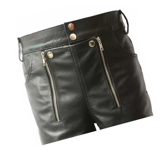 Mens Black Front Double Long Zipper Real Leather Shorts