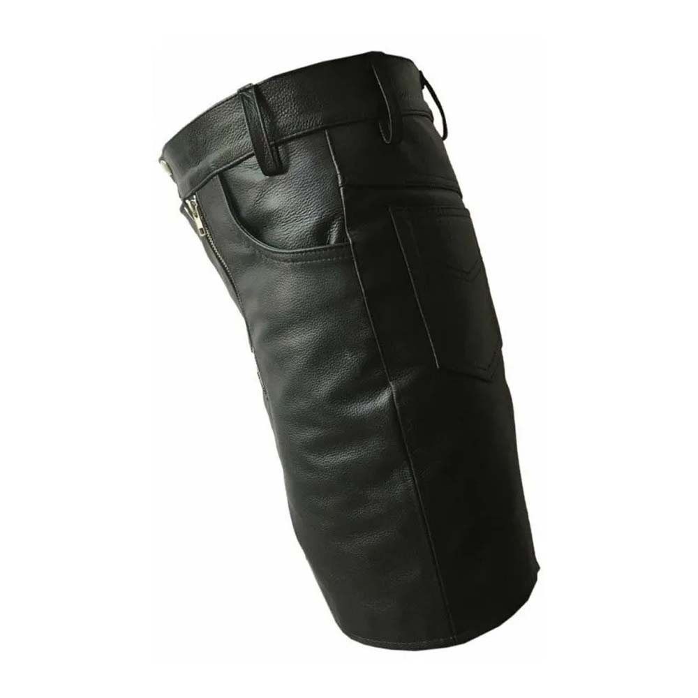 Mens Black Front Double Long Zipper Real Leather Shorts