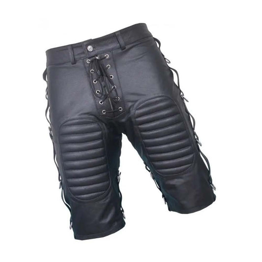 Mens Black Front Lace Up Quilted Real Leather Shorts