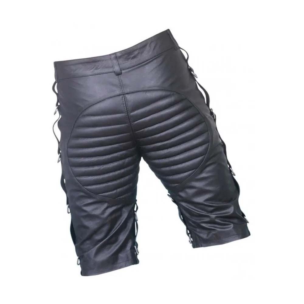 Mens Black Front Lace Up Quilted Real Leather Shorts