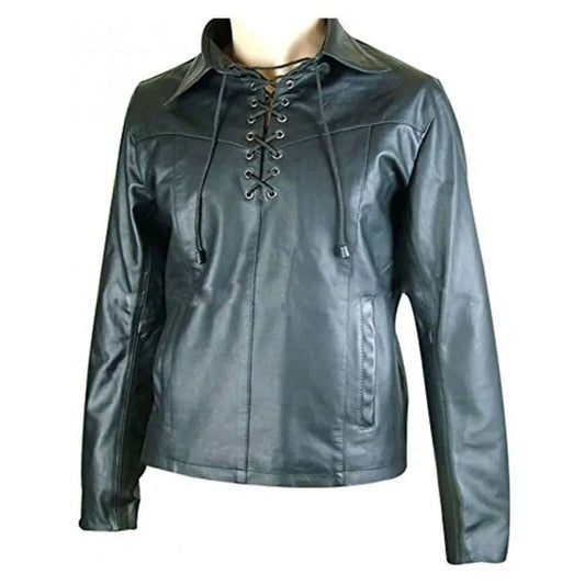 Mens Black Lace-Up Front Real Leather Shirt