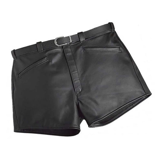 Mens Jet Black Fashion Real Leather Shorts