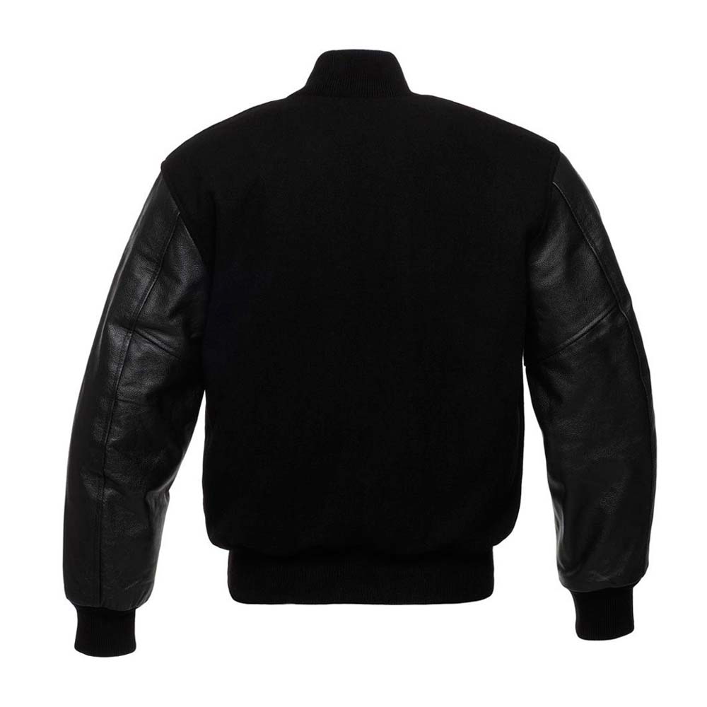 Mens Black wool and Black leather Varsity Jacket