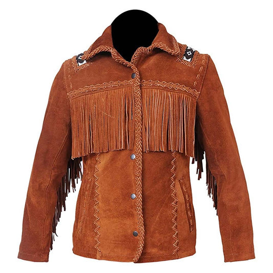 Mens Brown Cowboy Western Leather Jacket with Fringe and Bead