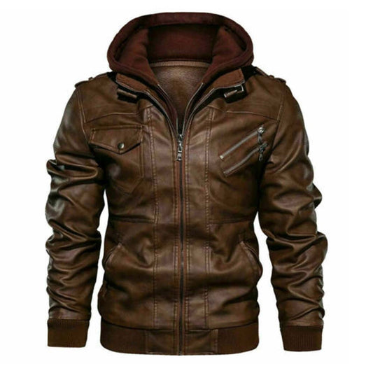 Mens Brown Genuine Real Leather Hooded Jacket