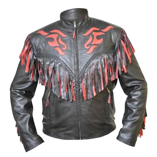 Mens Fashion Western Style Real Black and red Leather Jacket