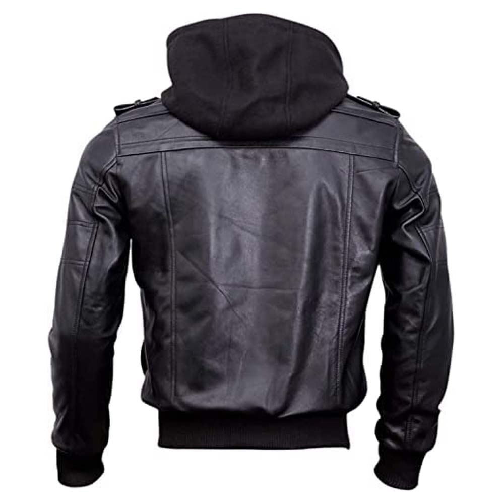 Mens Genuine Black Hooded Bomber Leather Jacket