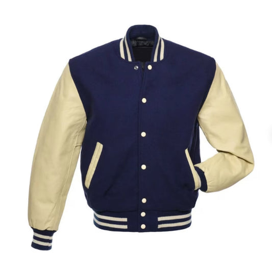 Navy Blue Wool Cream Leather Sleeves Women Varsity Jacket