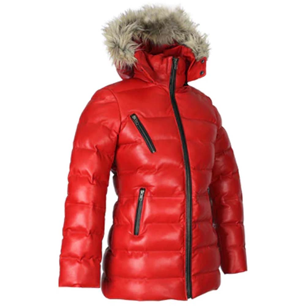 Womens Red Puffer Leather Jacket With Fur Hoodie