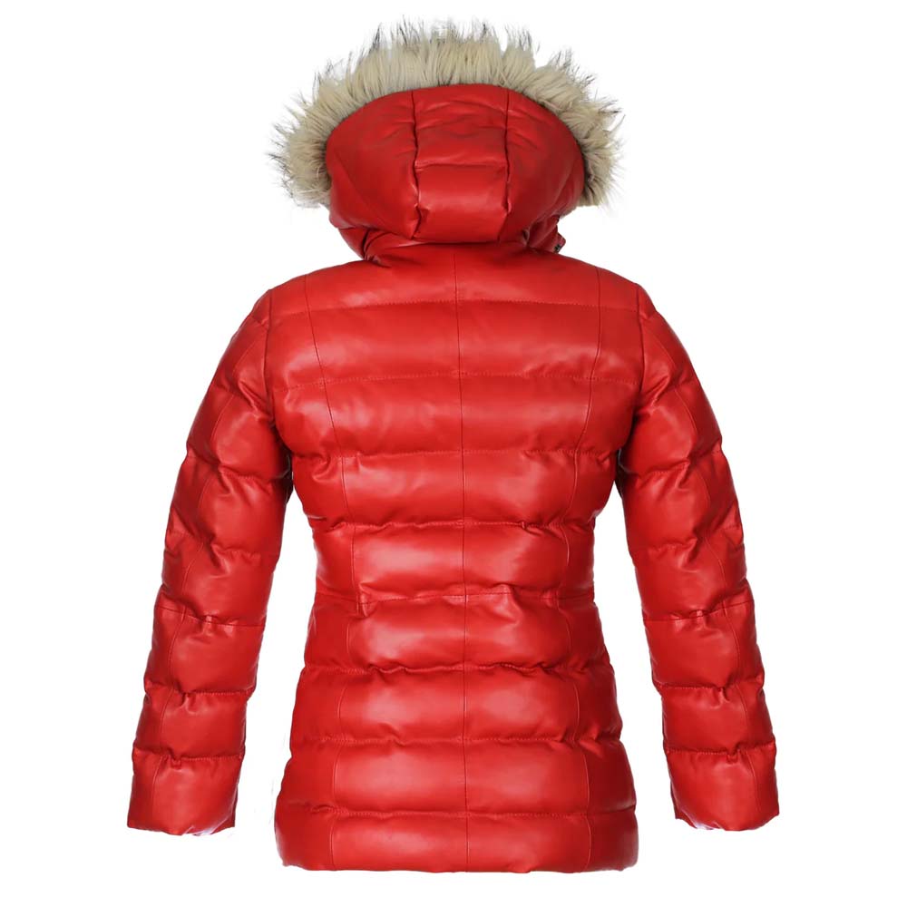 Womens Red Puffer Leather Jacket With Fur Hoodie