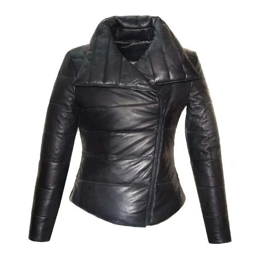 Women Black Puffer Leather Jacket