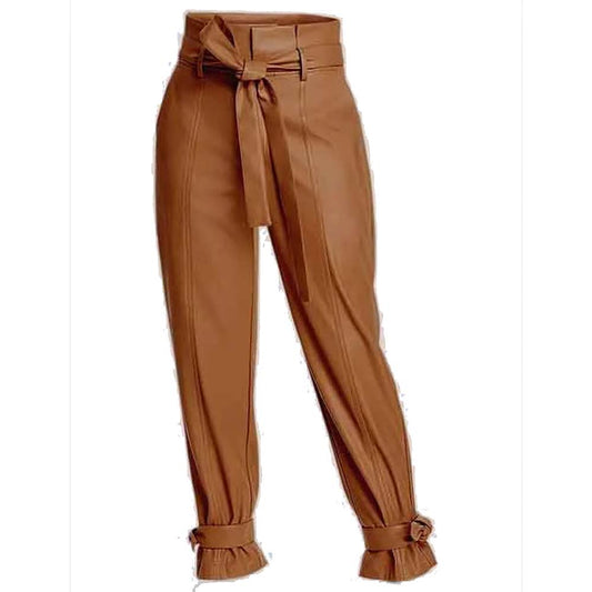 Women Brown Leather Pant With Tied-Cuff