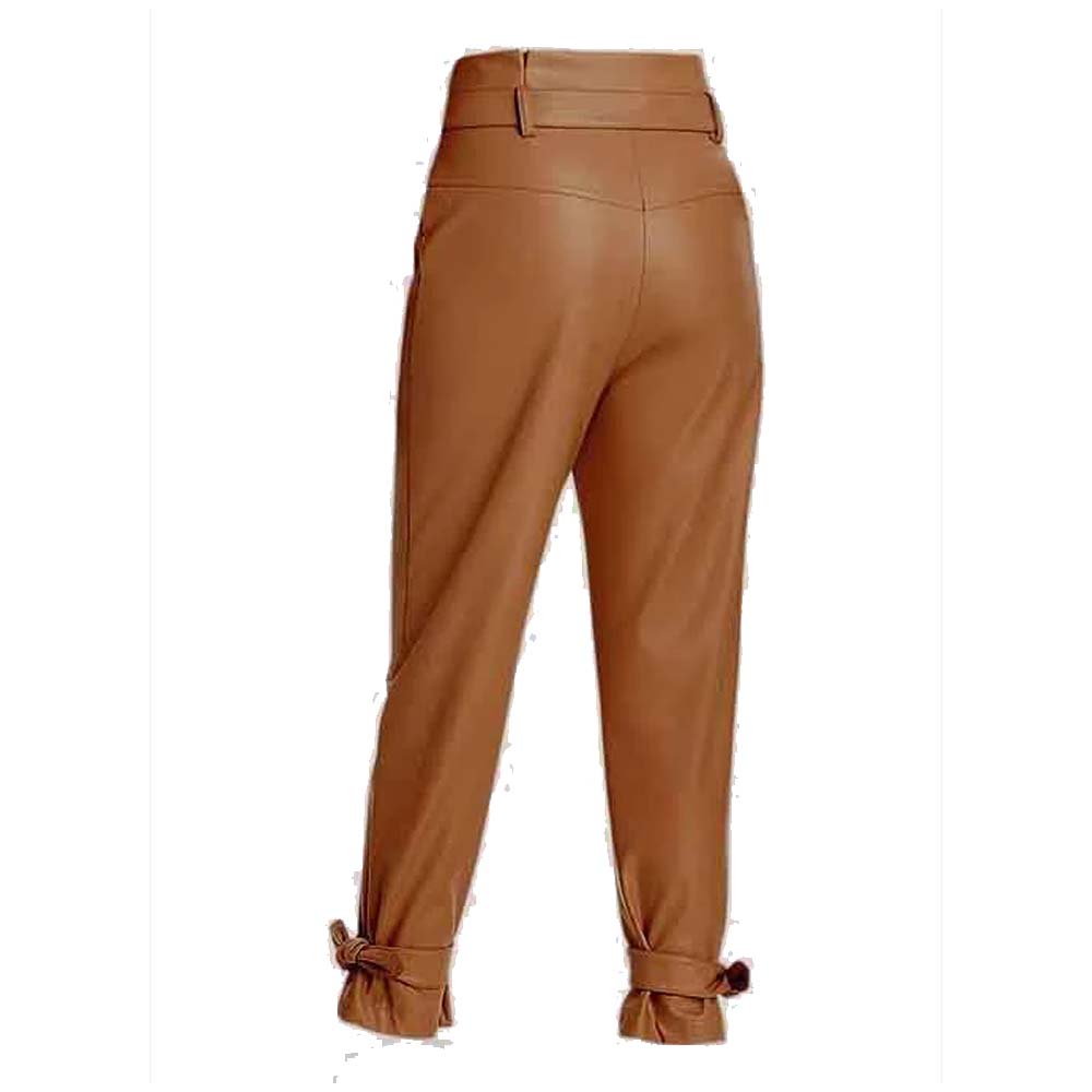 Women Brown Leather Pant With Tied-Cuff
