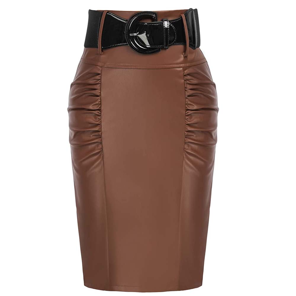 Women Brown Leather Skirt With Belt