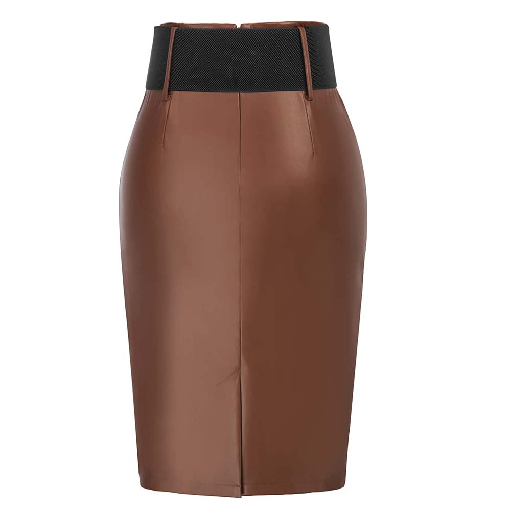 Women Brown Leather Skirt With Belt