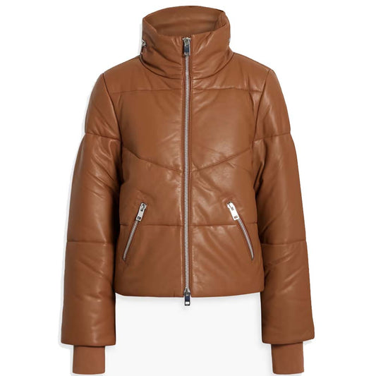 Women Brown Puffer Leather Jacket