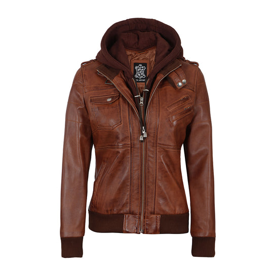 Women Leather Bomber Jacket With Removable Hood