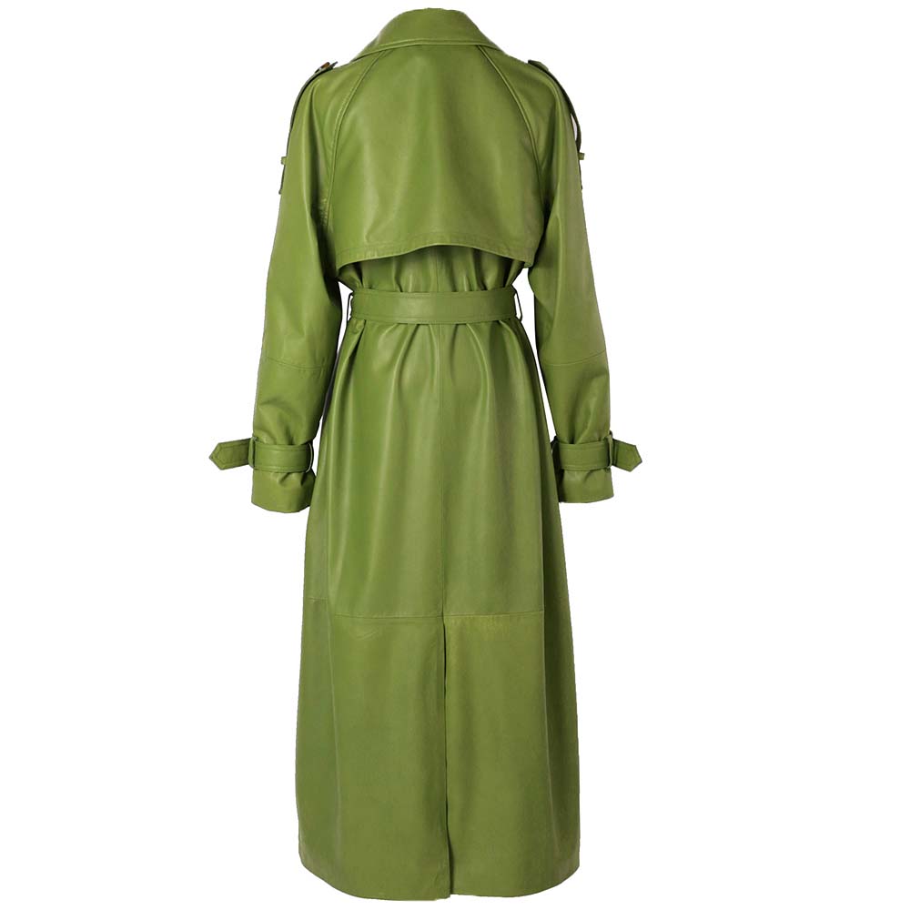 Women Real Leather Trench Coat in Green