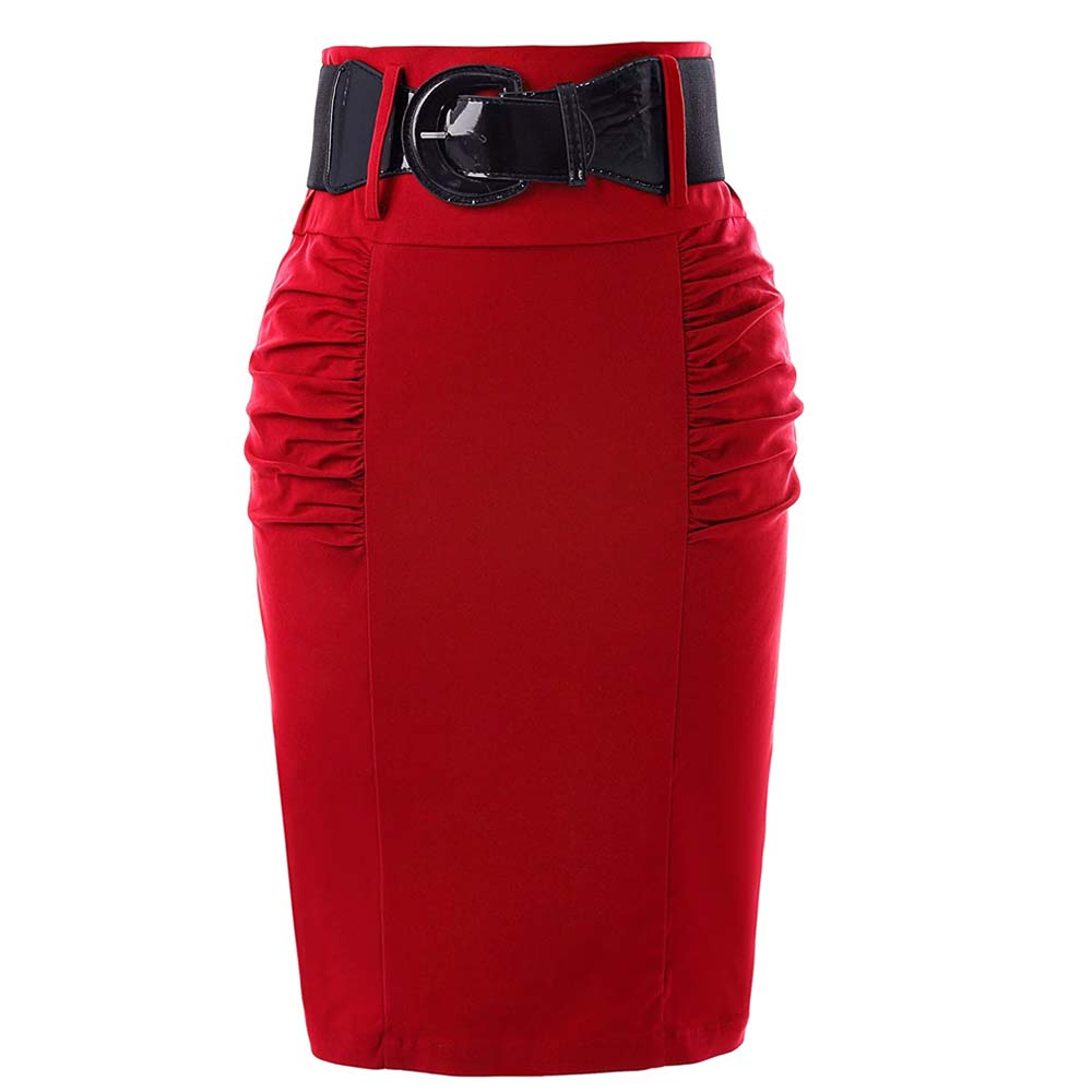 Women Red Leather Skirt With Belt