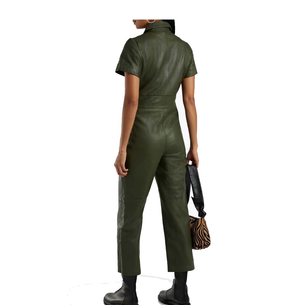 Womens Army Green Leather Jumpsuit