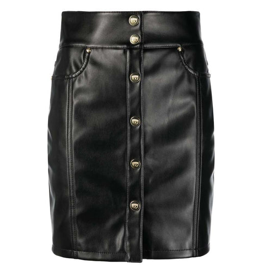 Womens Black Leather Skirt With Button