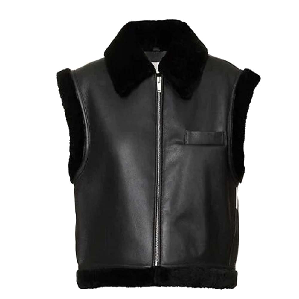 Womens Black Vest With Shearling Fur