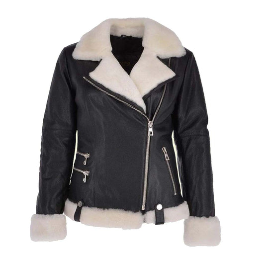 Womens Black and White Shearling Leather Jacket