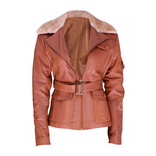 Womens Brown Aviator Leather Jacket With Belt